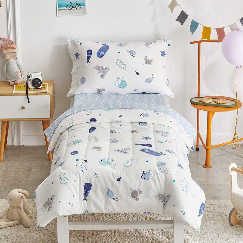 Joyreap 4 Piece Cotton Toddler Bedding Set for Kids Boys n Girls, Ocean Style Starfish Whale Crab Printed, Includes Quilted Comforter, Fitted Sheet, Top Sheet, and Pillow Case - Image 2